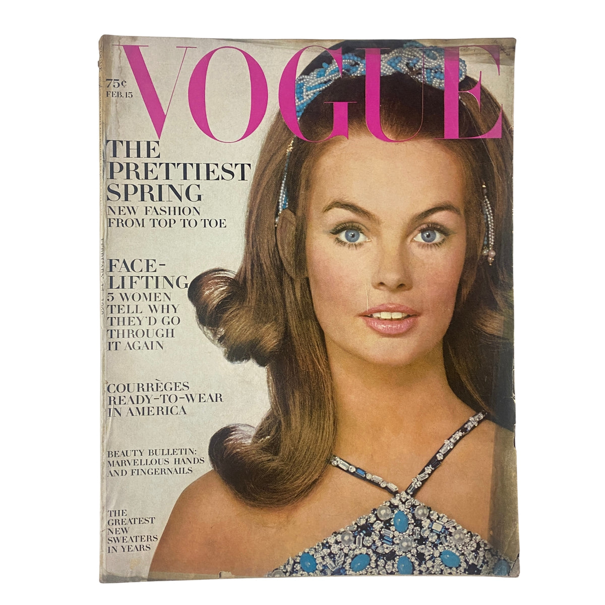 Cover of Vogue Magazine dated February 15, 1968 featuring Jean Shrimpton, photographed by Irving Penn. This vintage magazine showcases iconic fashion trends with a focus on beauty and style.