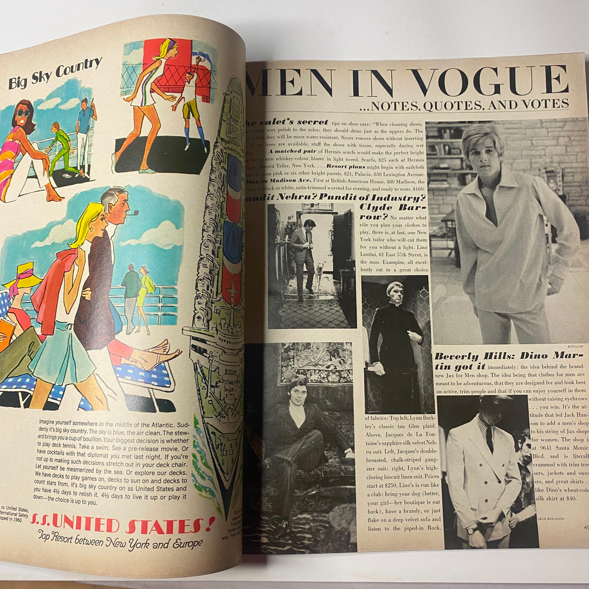 Centerfold of Vogue Magazine February 15, 1968, featuring a colorful spread titled 'Men in Vogue', showcasing fashion trends and personalities of the time.
