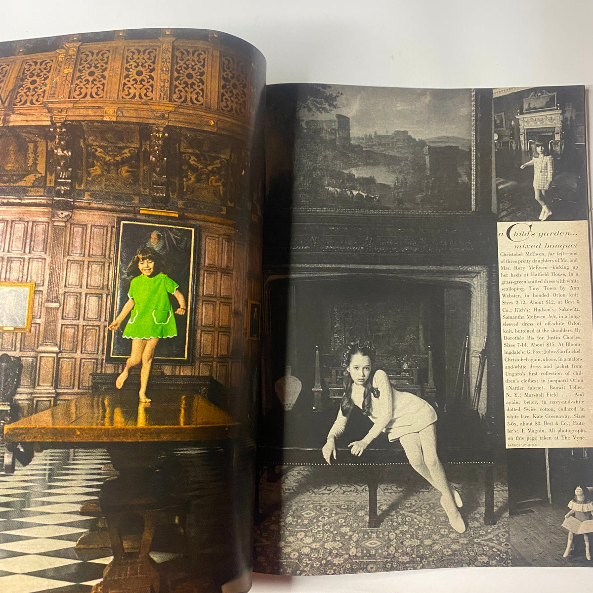 Vogue Magazine February 15, 1968 Jean Shrimpton Cover by Irving Penn featuring a child in a green dress standing on a table in a grand room with wooden paneling and artwork.