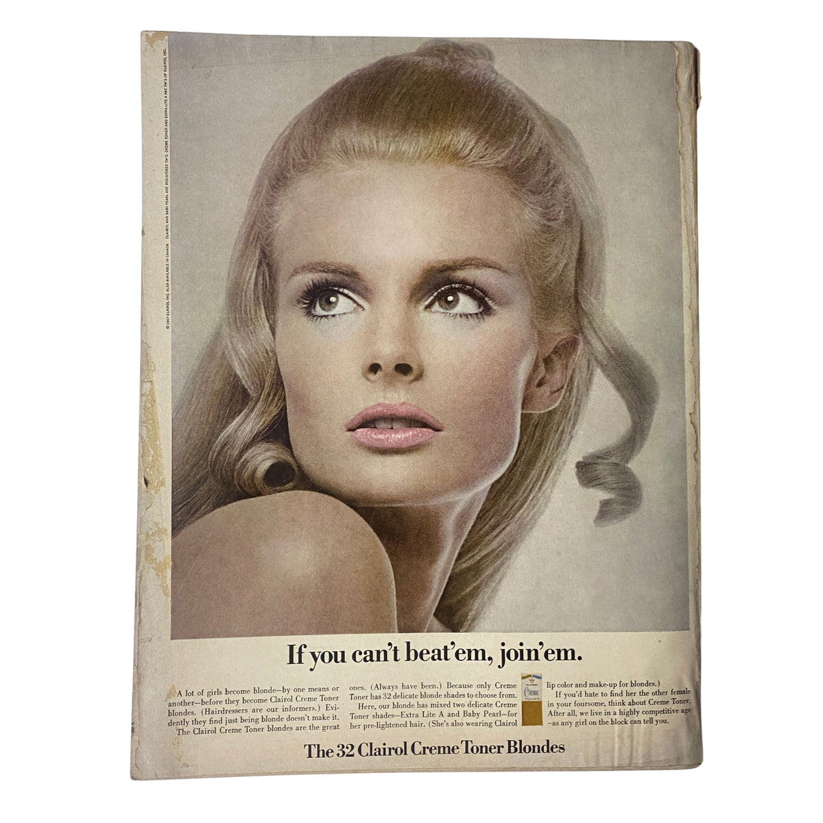 Vogue Magazine February 15, 1968 Jean Shrimpton Cover by Irving Penn featuring a striking advertisement for Clairol Creme Toner Blondes, showcasing vintage beauty.