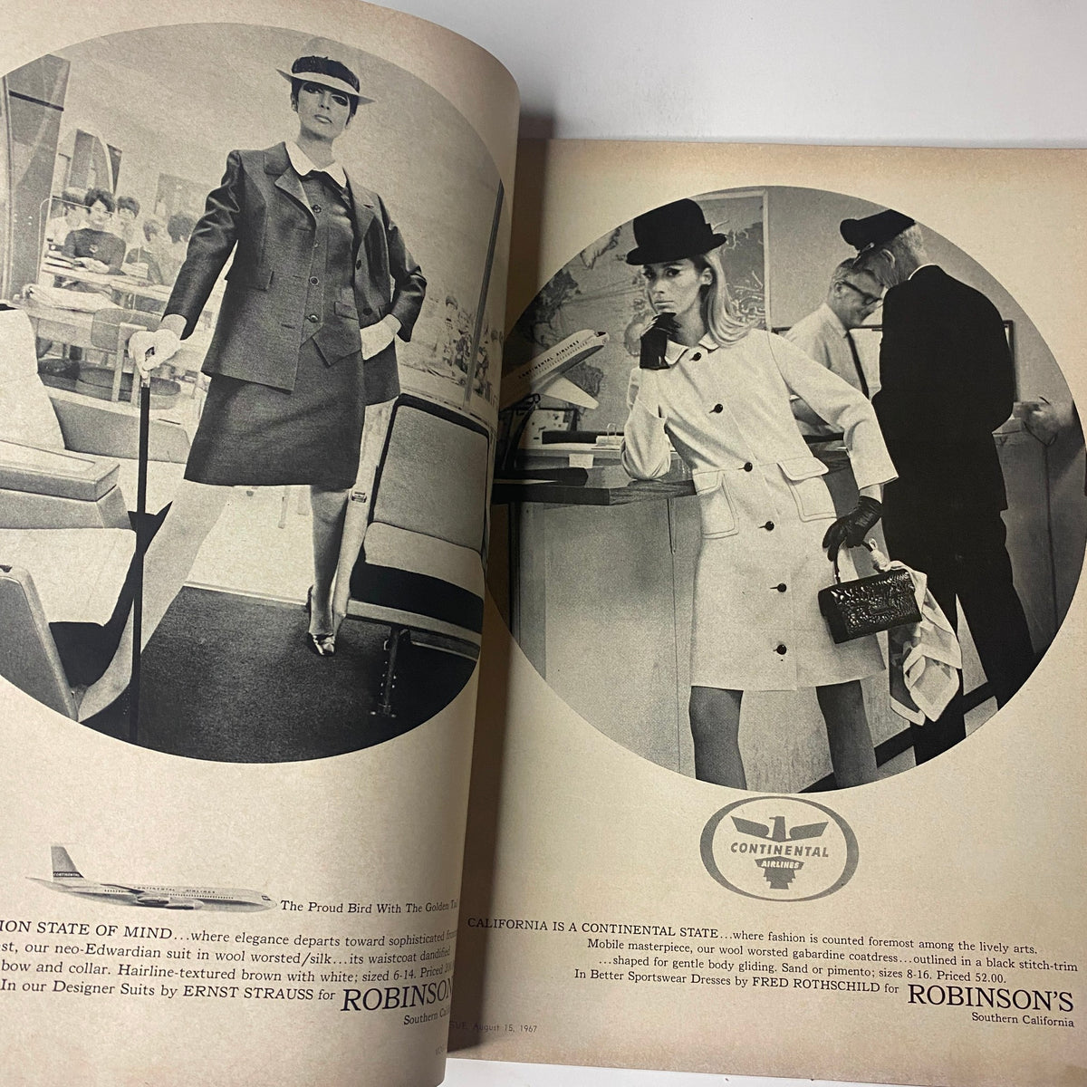 Vintage fashion advertisement in Vogue Magazine August 15, 1967, showcasing sophisticated outfits from Robinson's with a focus on California elegance.
