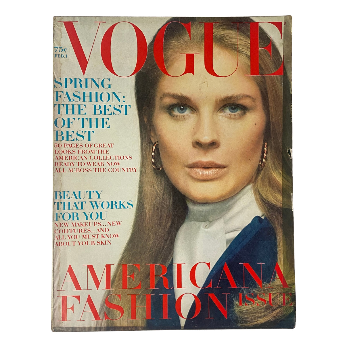 Vogue Magazine February 1, 1969 cover featuring Candice Bergen, showcasing fashion and beauty trends from the era.