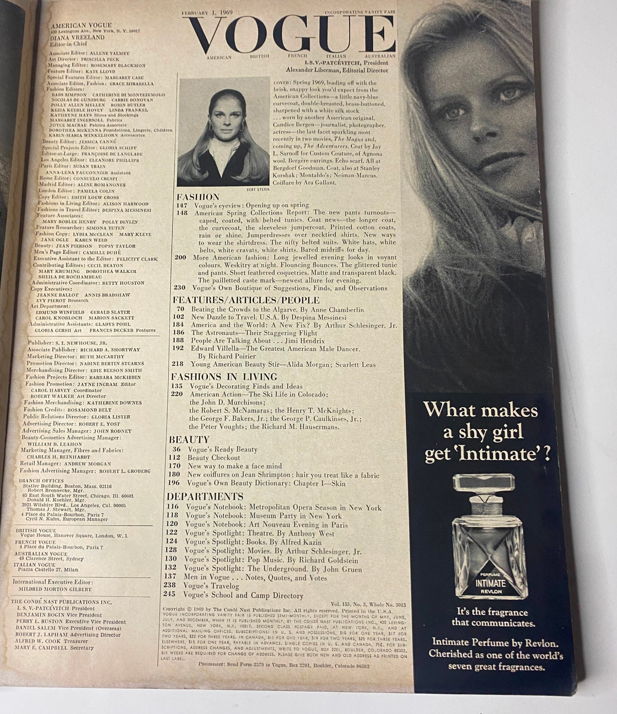 Table of contents page from Vogue Magazine February 1, 1969, showcasing a list of fashion features and articles, along with a striking image of a model.