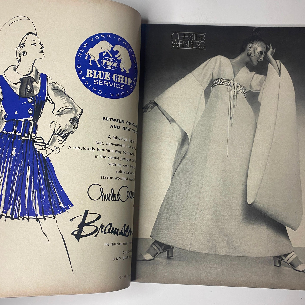 Fashion illustration from Vogue Magazine February 1, 1969, depicting a stylish model in a chic outfit, accompanied by a detailed advertisement for a fragrance.