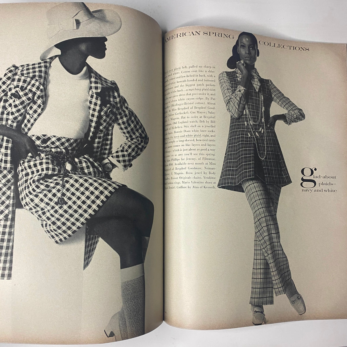 Vogue Magazine February 1, 1969 highlighting American spring collections, featuring a model in a stylish plaid outfit and accessories, emphasizing contemporary fashion trends.