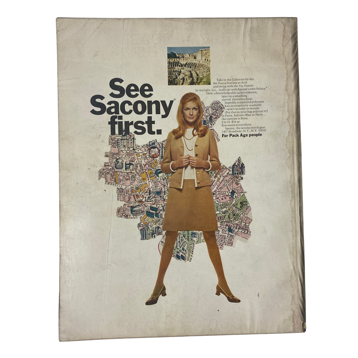 Back cover of Vogue Magazine February 1, 1969 featuring an advertisement with a model promoting travel, capturing the essence of 1960s fashion and advertising aesthetics.