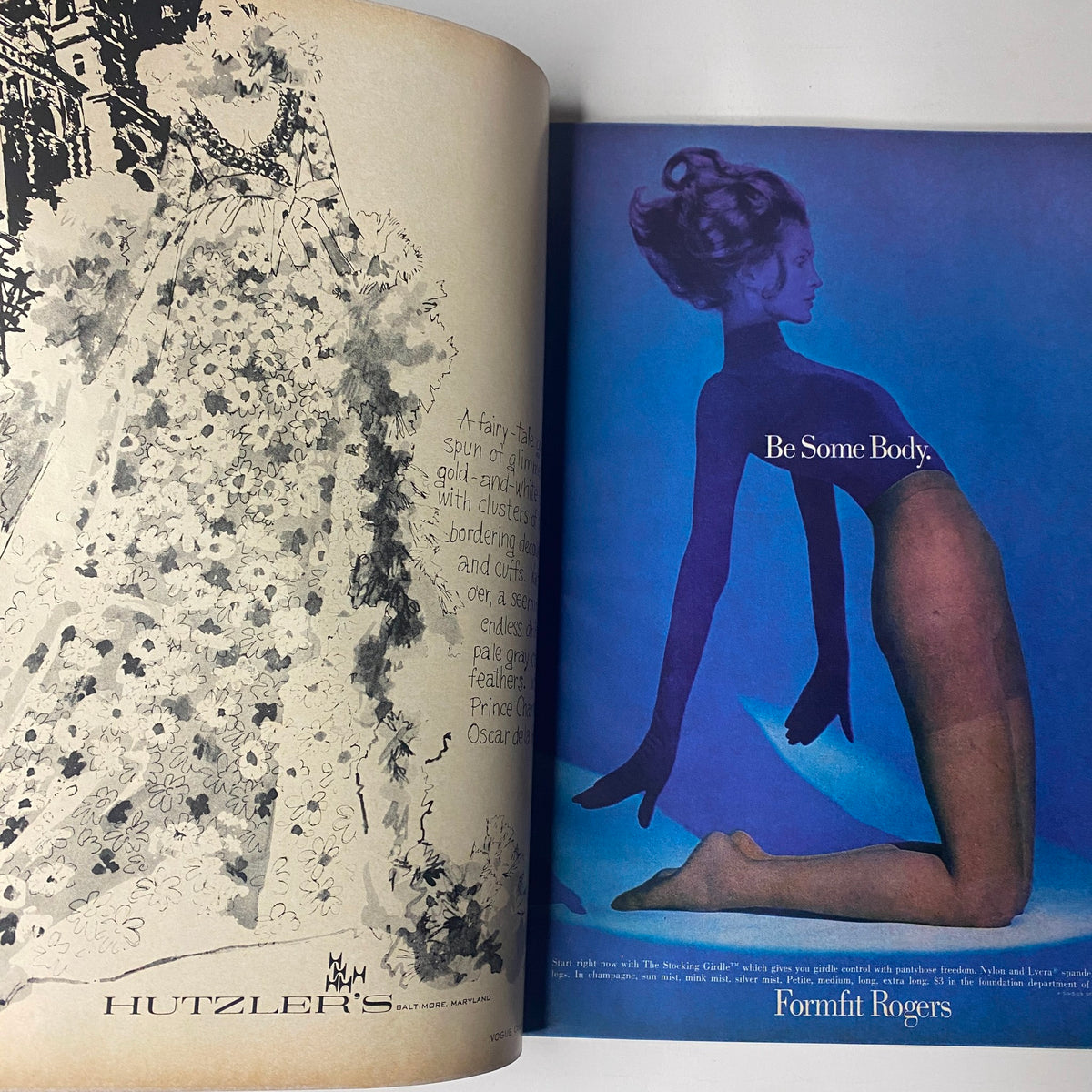 Vogue Magazine October 1, 1969 Jean Shrimpton Cover by Bert Stern showcasing an advertisement with illustrated fashion on the left and a vibrant ad for Formfit Rogers bodywear on the right.