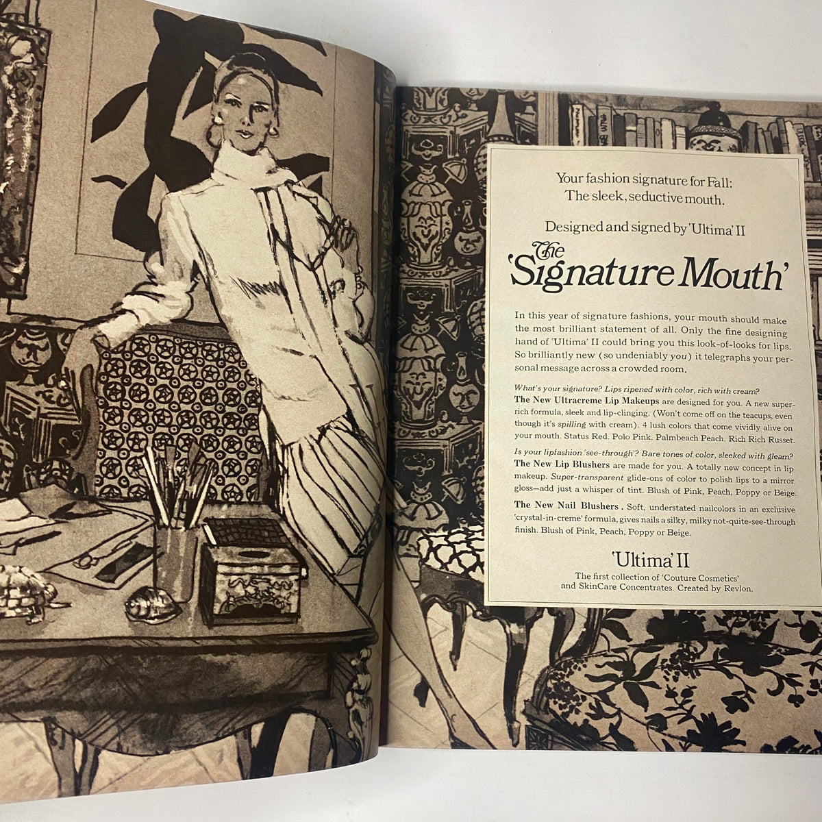 Vogue Magazine October 1, 1969 Jean Shrimpton Cover by Bert Stern featuring an elegant design by Ultima II, promoting 'The Signature Mouth' with a chic model illustration.