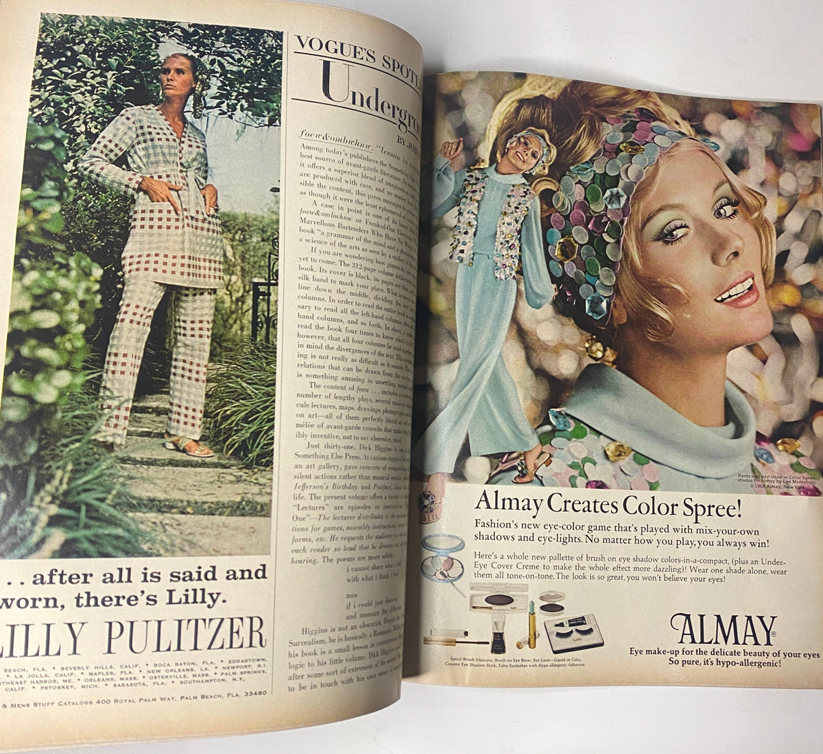 Vogue Magazine October 1, 1969 Jean Shrimpton Cover by Bert Stern highlighting a fashion spread featuring Lilly Pulitzer, alongside an advertisement for Almay cosmetics, showcasing colorful makeup.