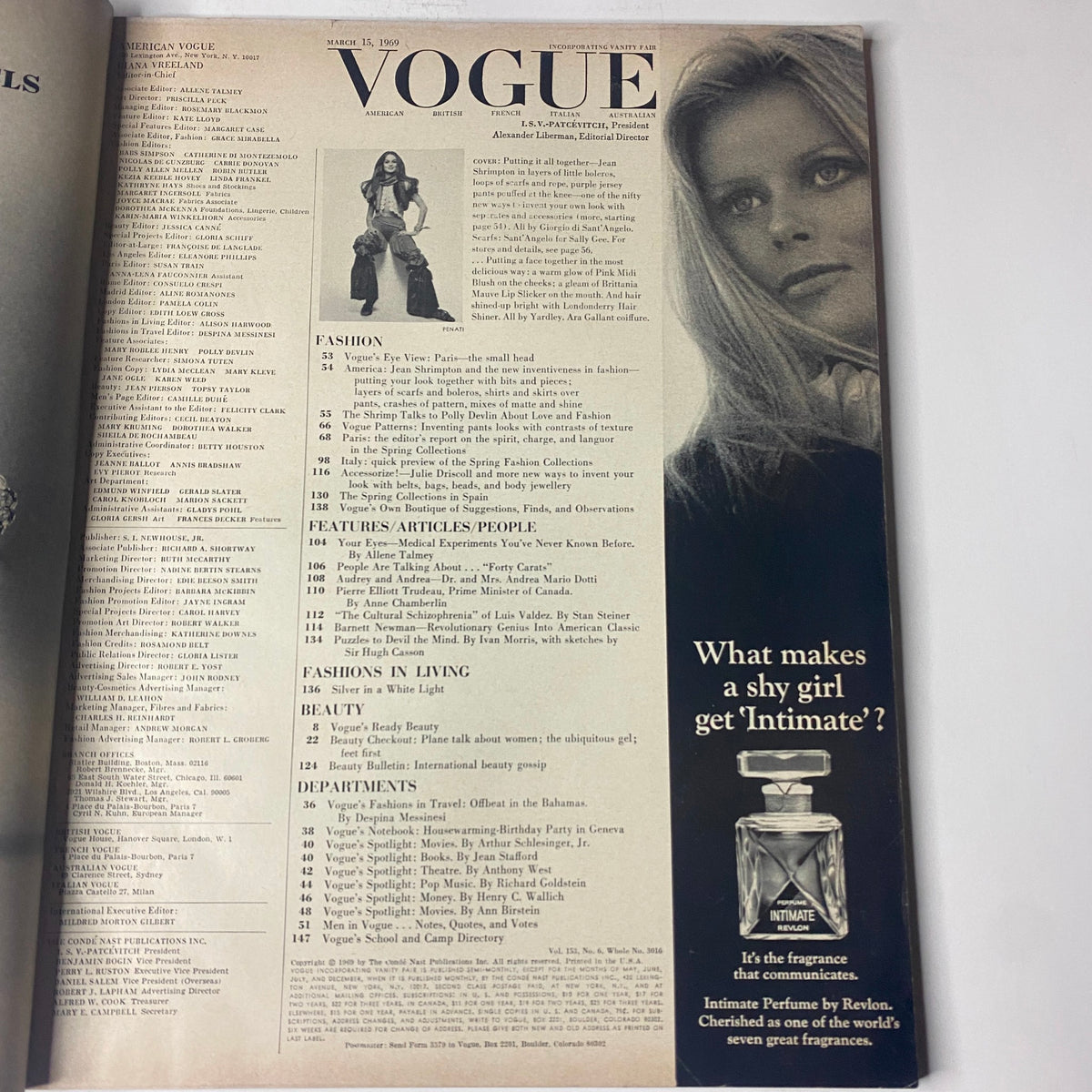 Inside page of Vogue Magazine March 15, 1969 featuring the table of contents, showcasing articles and fashion highlights with a stylish advertisement for 'Intimate' perfume.