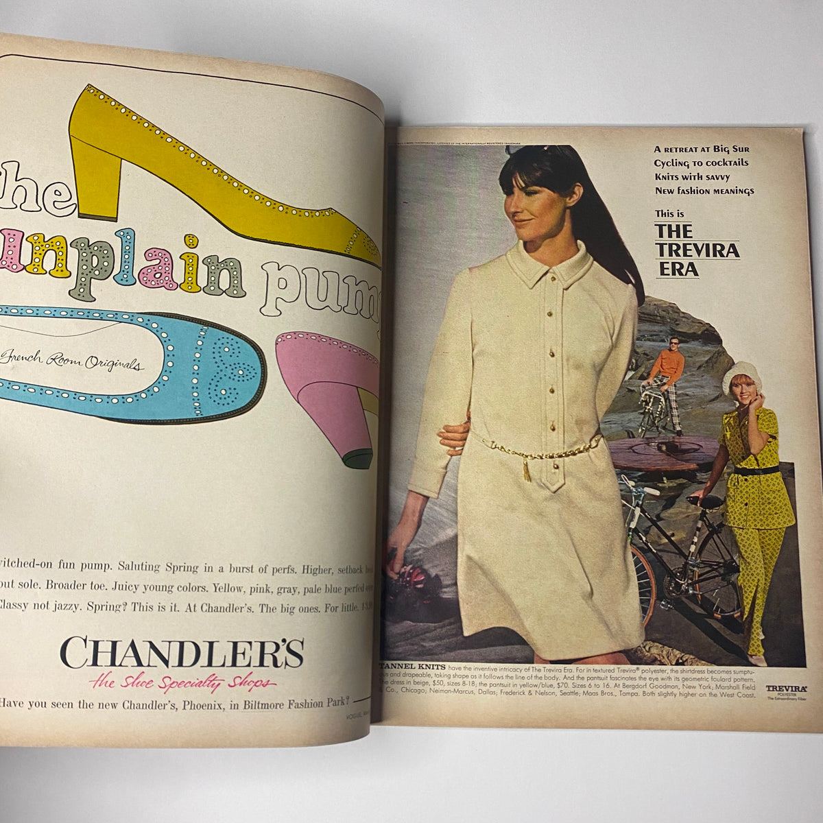 Vogue Magazine March 15, 1969 displaying a colorful advertisement for shoes and clothing, representing the fashion trends of the late 1960s.