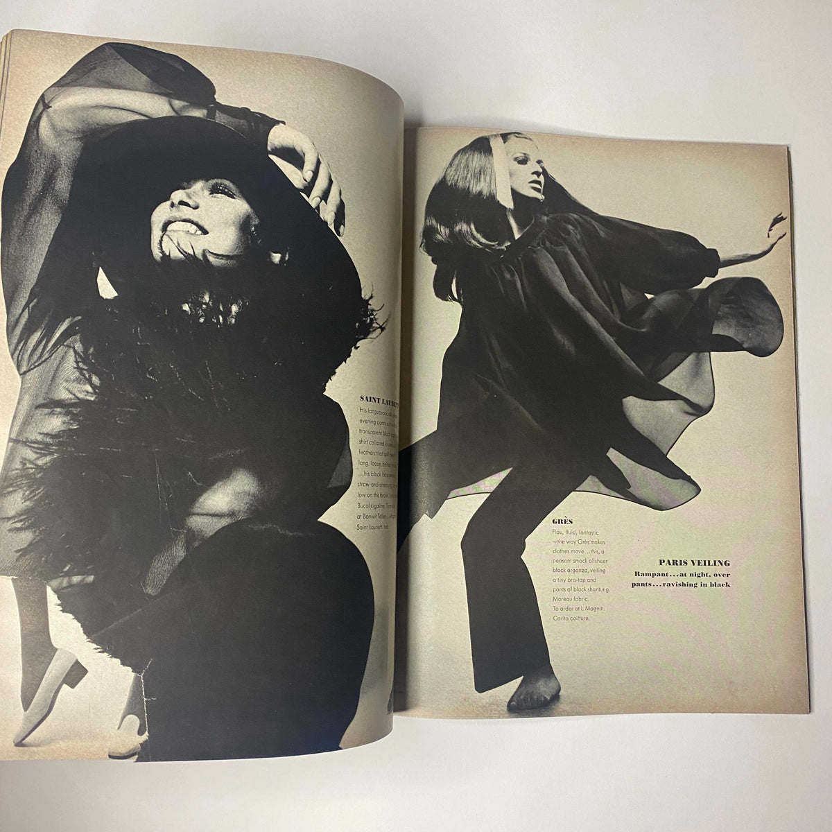 Artistic spread from Vogue Magazine March 15, 1969 showcasing models in dynamic poses, emphasizing innovative fashion styles with a creative design.