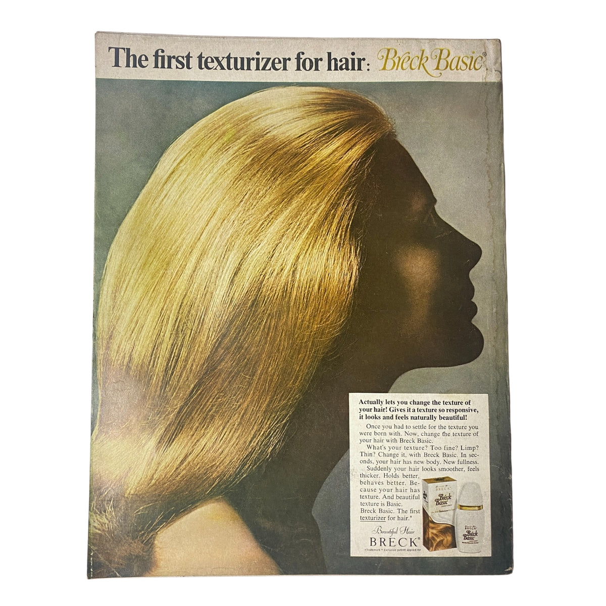 Cover of Breck Basic hair product advertisement featuring a woman's silhouette and long flowing hair, illustrating the first texturizer for hair.