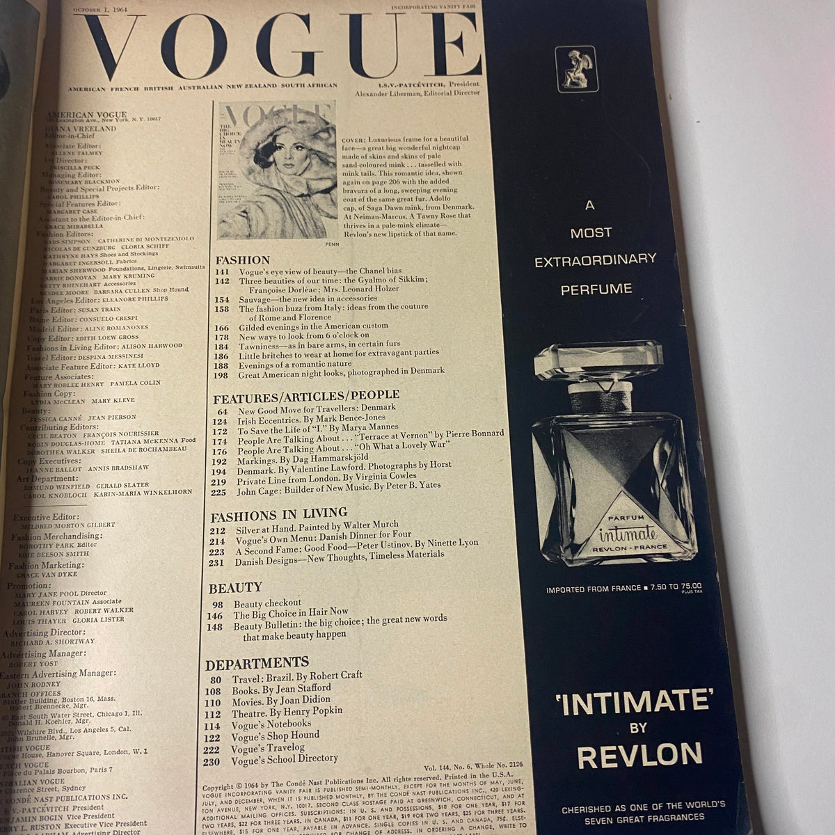 Table of contents page from Vogue Magazine, October 1, 1964, featuring articles on fashion, beauty, and lifestyle, showcasing the magazine's editorial style.
