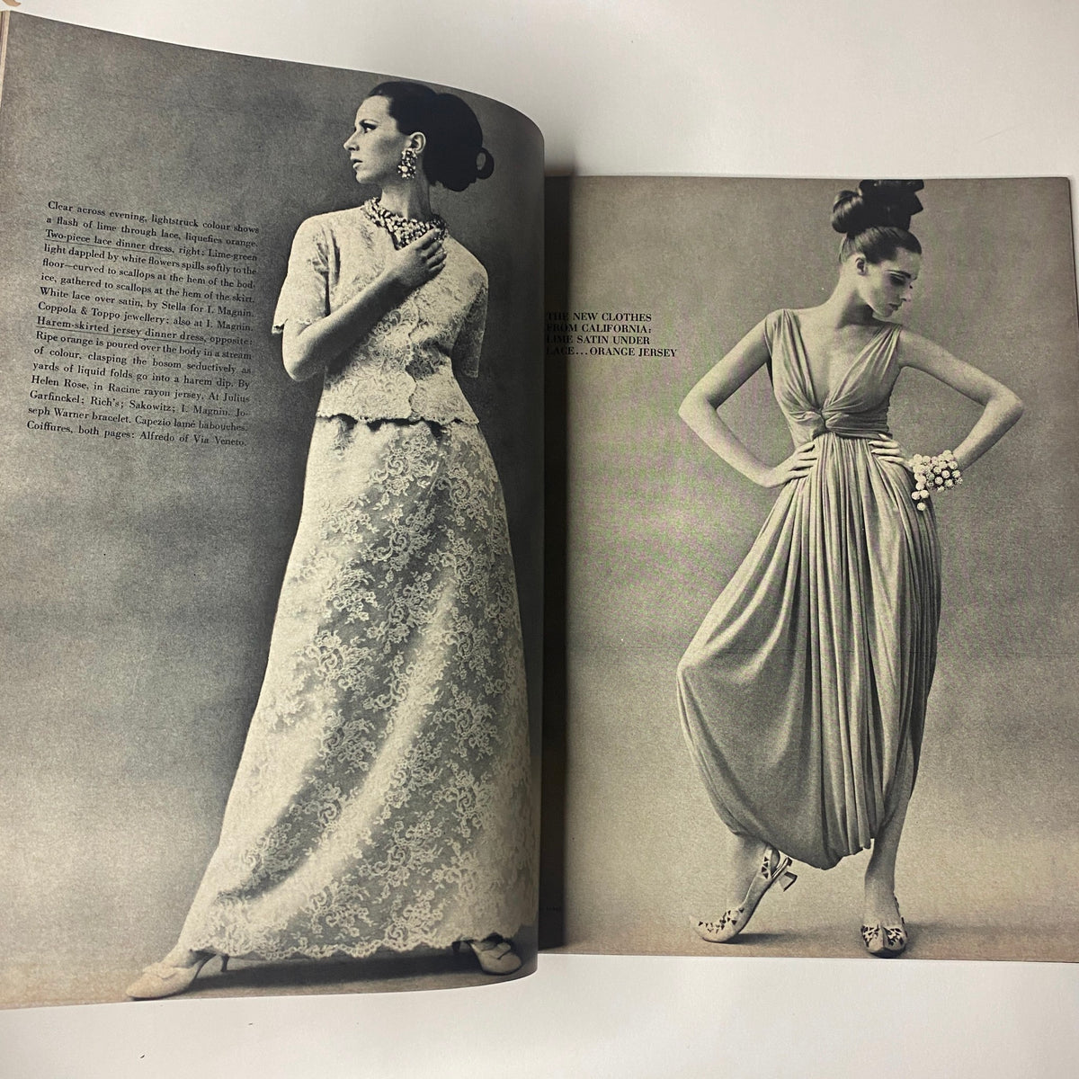 Vogue Magazine August 15, 1965 featuring elegant clothing designs modeled by a woman in chic poses.