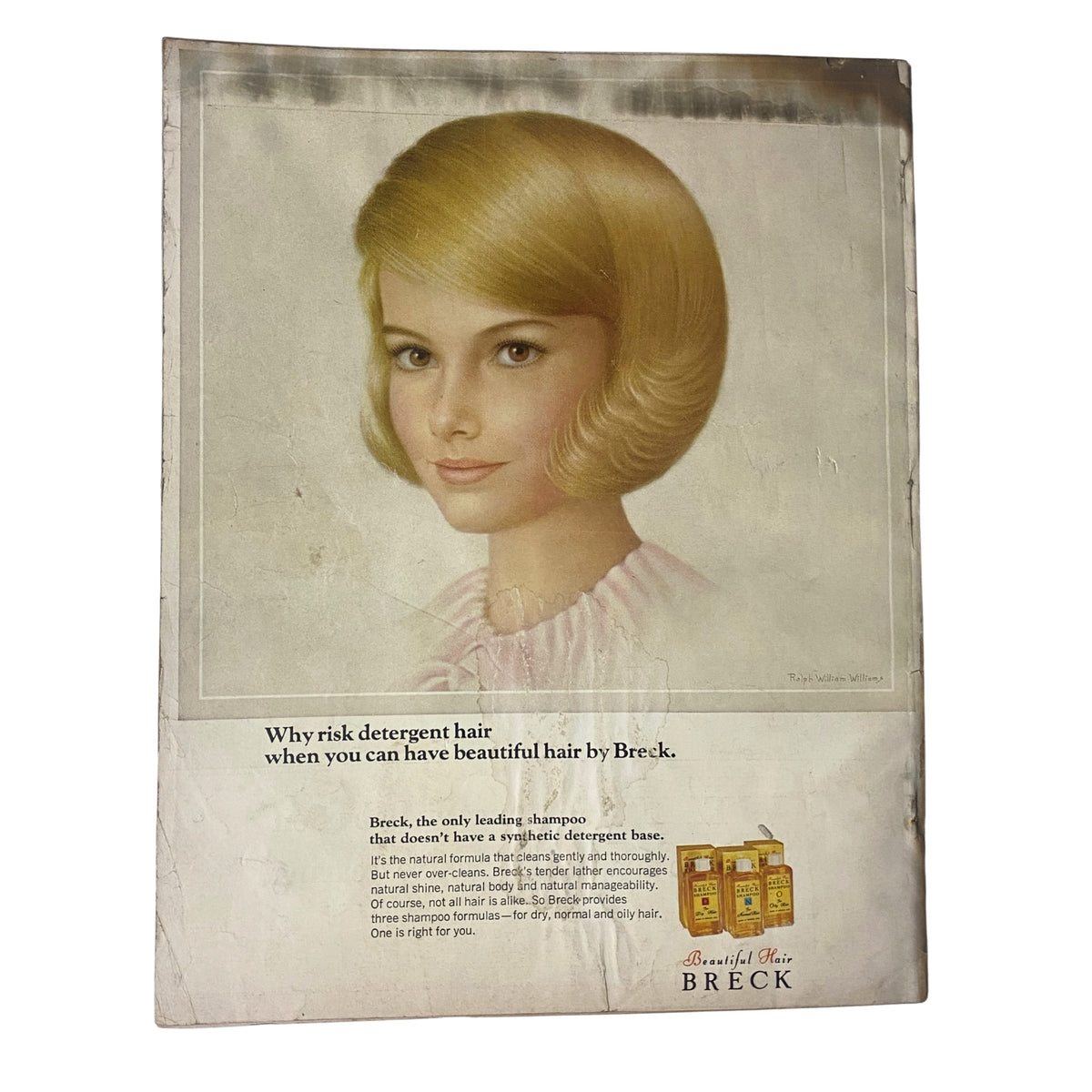 A vintage advertisement for Breck shampoo featuring a young woman with a stylish bob haircut. The text highlights the benefits of using Breck's detergent-free formula for beautiful hair. This illustration captures the aesthetic of the 1960s advertising style. Title: Vogue Magazine August 15, 1965 Veruschka Cover by Irving Penn.