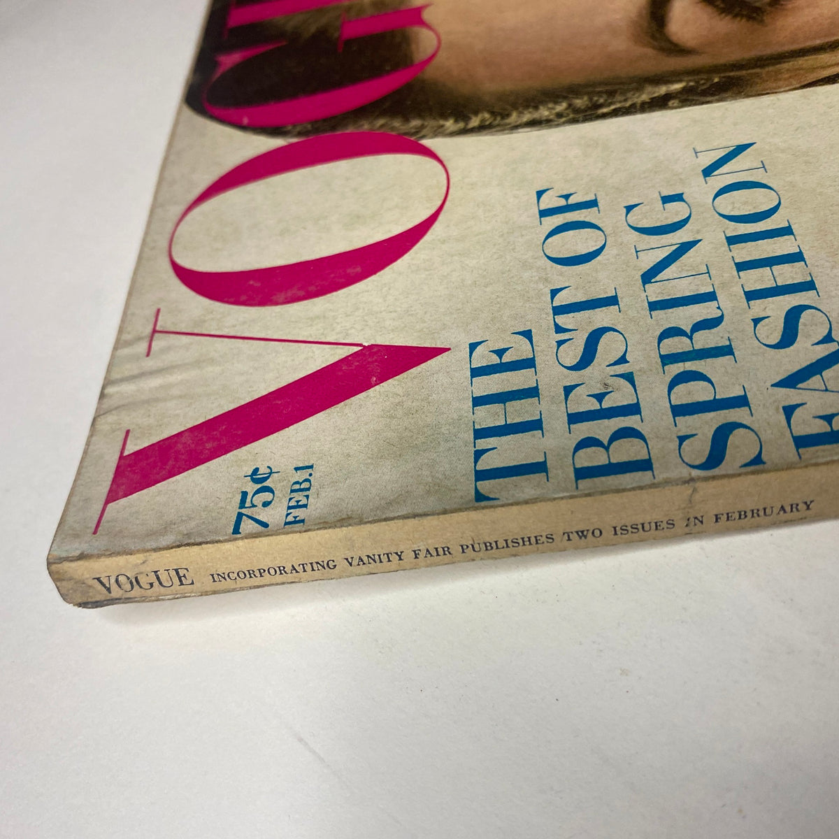 Side view of Vogue Magazine February 1, 1968 displaying the magazine spine with text detailing its publication information, including a note that it incorporates two issues published in February.