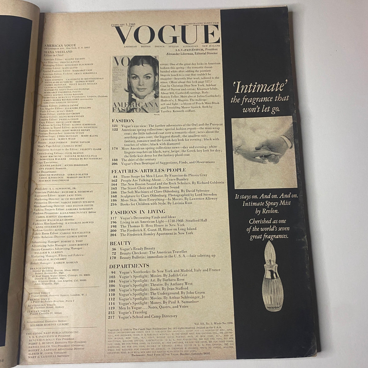 Table of contents from Vogue Magazine February 1, 1968 featuring cover page and content listings, showcasing fashion articles and vintage advertisements.