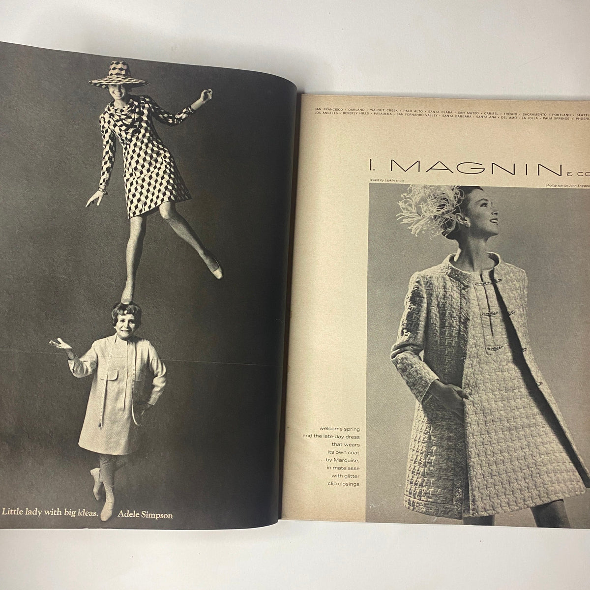Fashion spread from Vogue Magazine February 1, 1968 featuring models wearing stylish outfits by designer Adele Simpson, highlighting 1960s fashion trends.