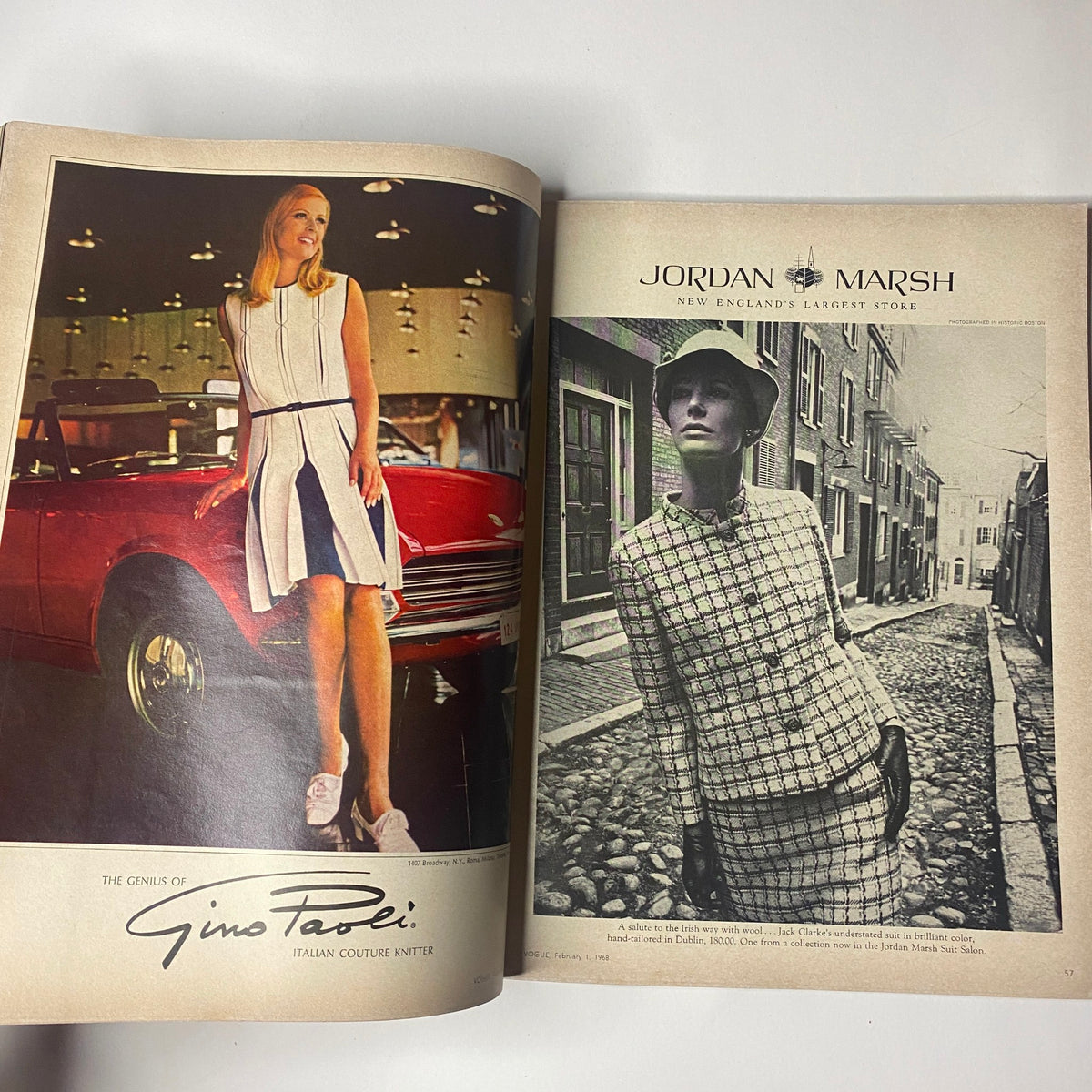 Fashion advertisement in Vogue Magazine February 1, 1968 showcasing Italian couture by Gino Paoli and featuring a model in a classic 1960s outfit.