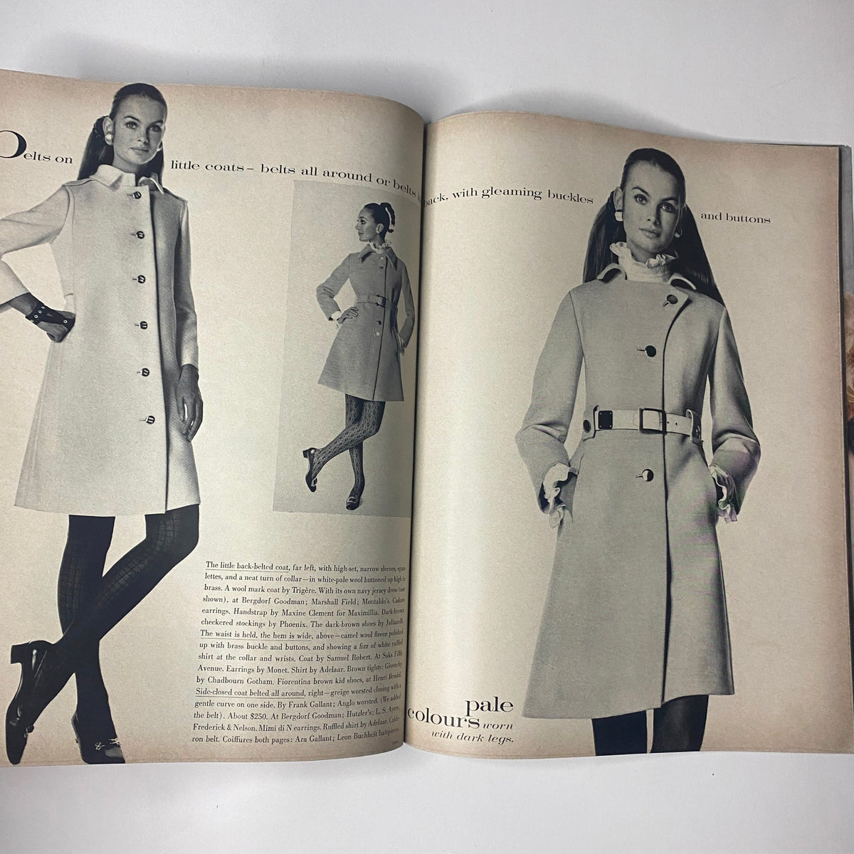 Fashion spread from Vogue Magazine February 1, 1968 featuring models in elegant coats and accessories, representing contemporary styles of the era.
