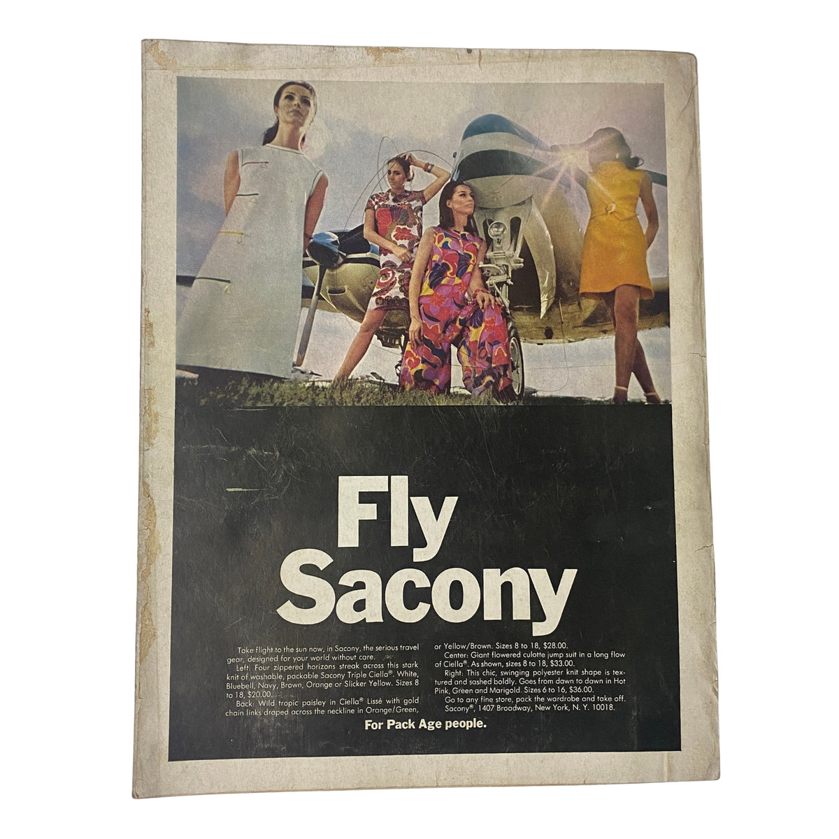 Back cover of the February 1, 1968 Vogue Magazine with advertisement for Fly Sacony, highlighting retro design elements and illustrating the vibrant fashion trends of the era.