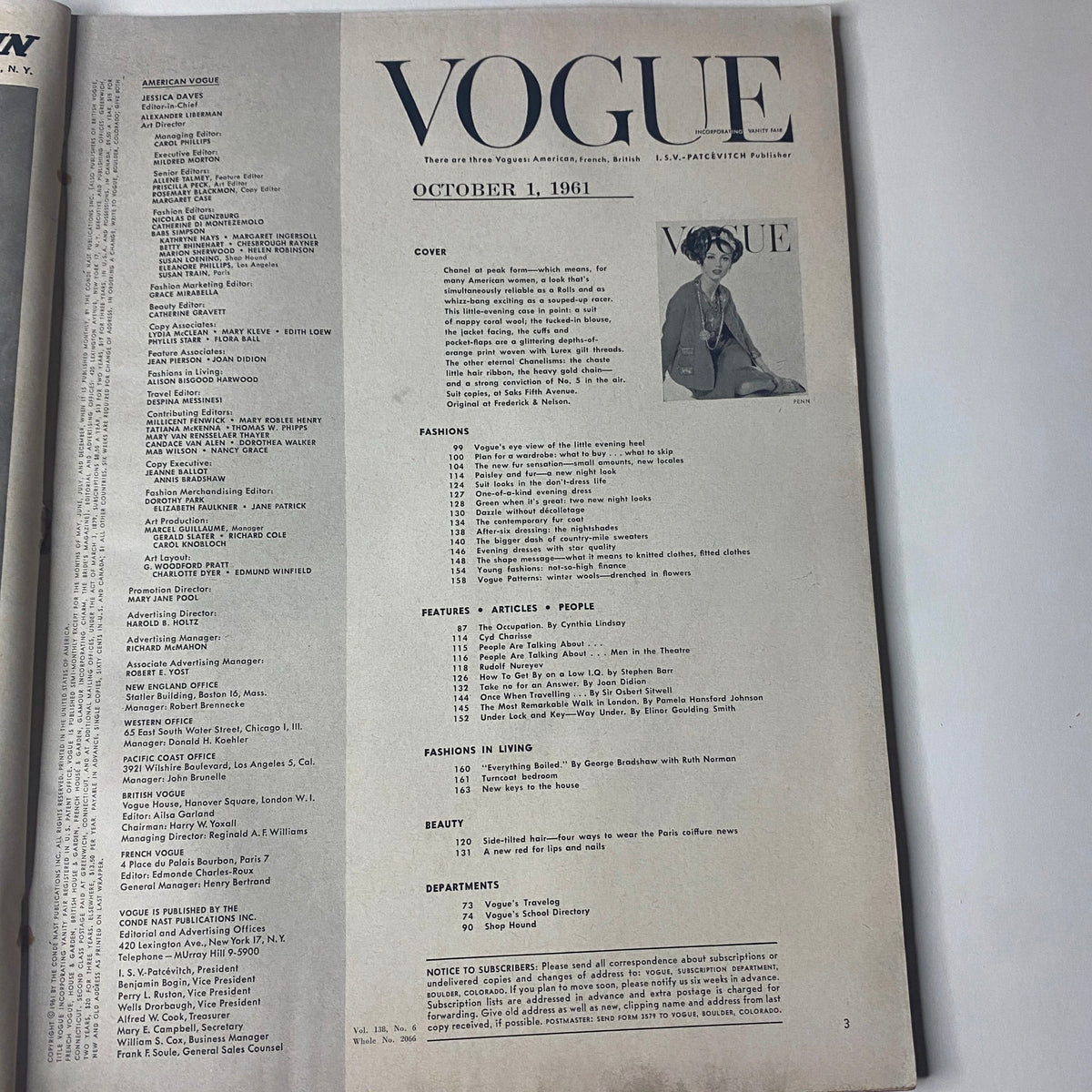 Interior page of Vogue Magazine October 1, 1961, displaying the table of contents and cover details of the edition.