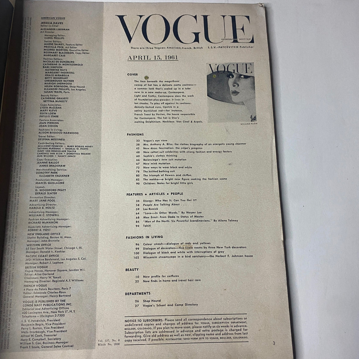 Interior page of Vogue Magazine April 15, 1961, displaying the table of contents, noting the featured cover and sections including 'Fashions' and 'Features'.