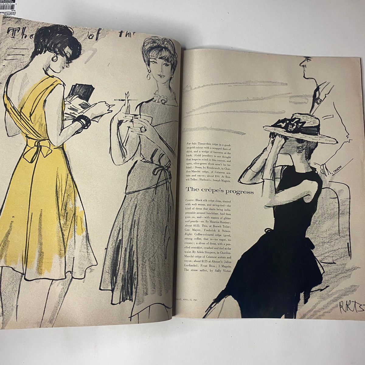 Illustrative fashion spread in Vogue Magazine April 15, 1961, showcasing sketches of dresses, reflecting the era's aesthetic and design trends.