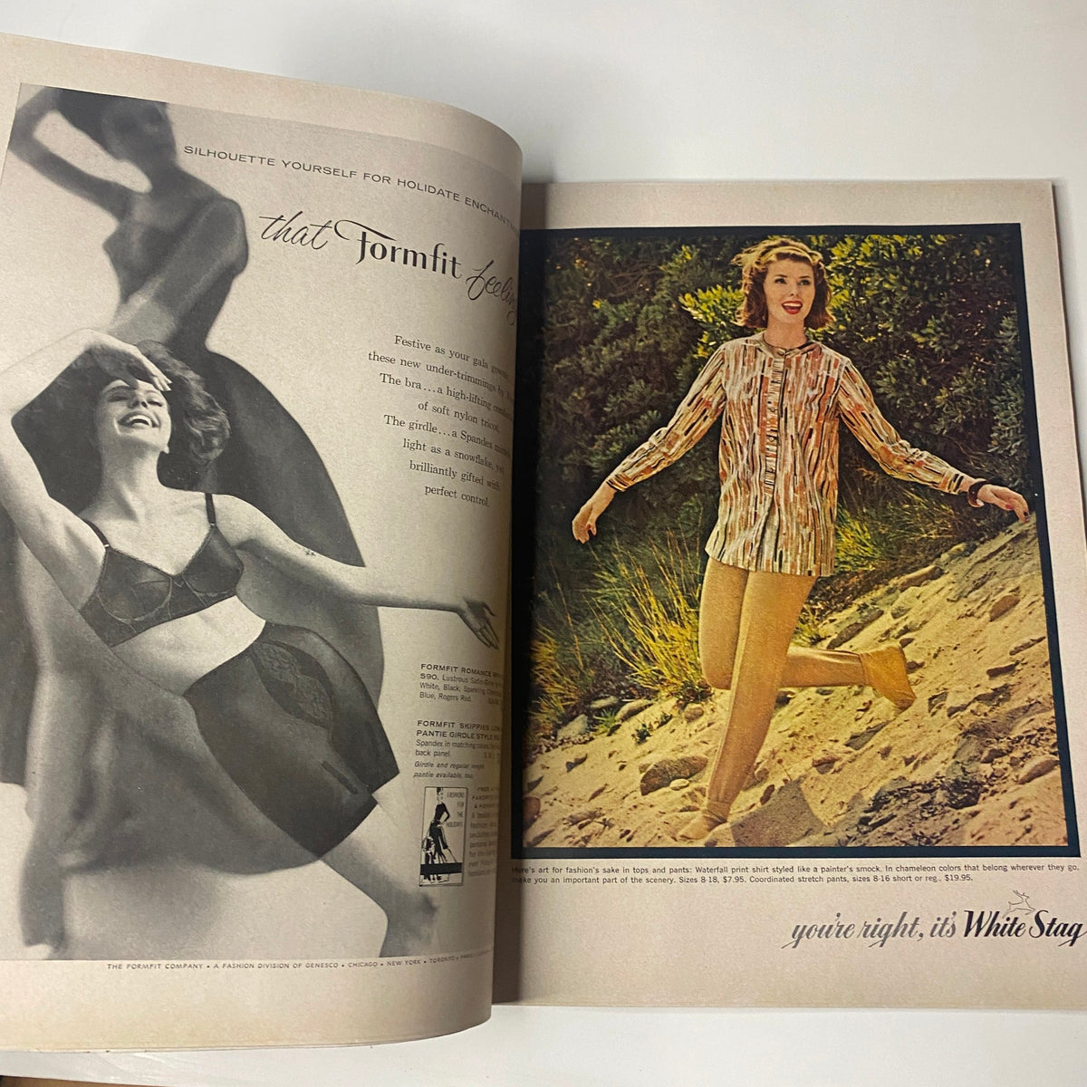 Page from Vogue Magazine December 1961 Antonia Boekestyn Cover by Horst P. Horst, featuring an advertisement depicting vintage fashion styles of the 1960s.