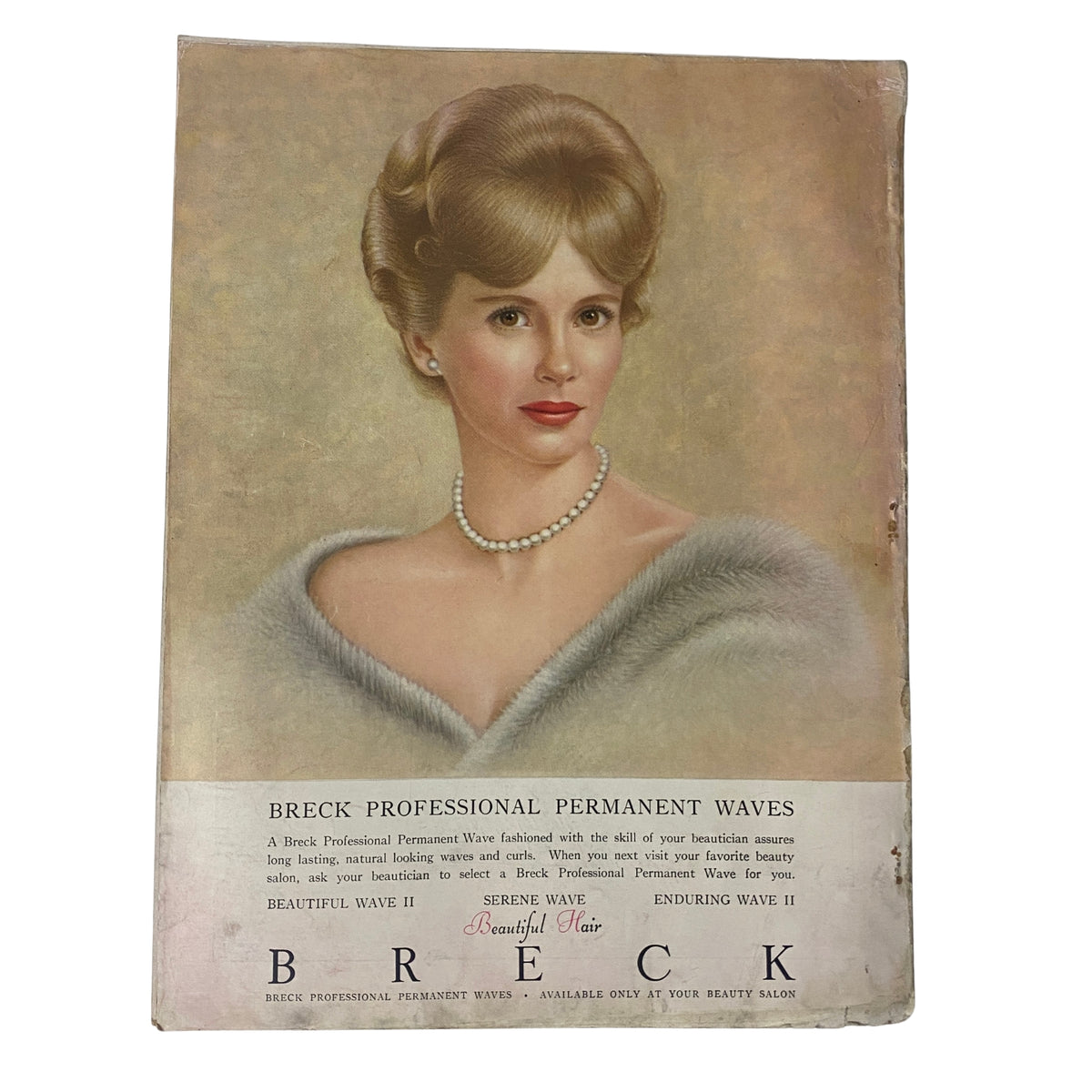 Breck Professional Permanent Waves advertisement featuring a glamorous model showcasing hair styling products from the 1960s. Original Vogue Magazine December 1961 Antonia Boekestyn Cover by Horst P. Horst.