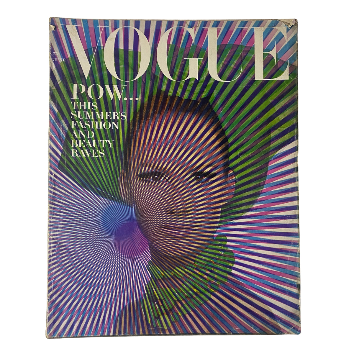 Cover of Vogue Magazine June 1965 featuring a vibrant optical illusion design, highlighting fashion and beauty themes from the summer.