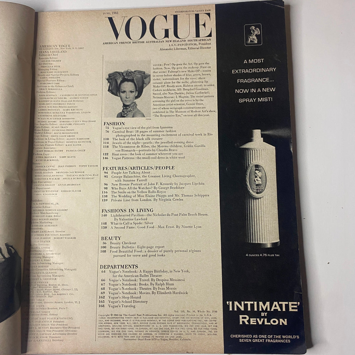 Interior page of Vogue Magazine June 1965, presenting the table of contents and advertising, emphasizing the magazine's detailed editorial features.