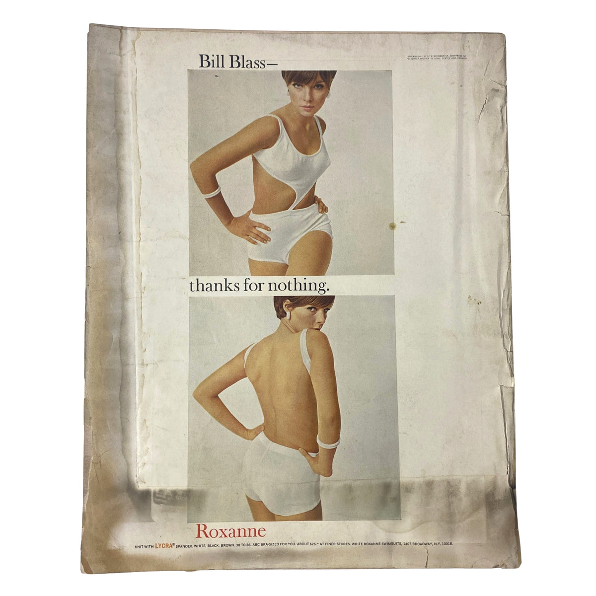 Vintage advertisement featuring a model wearing a white swimsuit labeled 'thanks for nothing' for Bill Blass and Roxanne, from the Vogue Magazine June 1965 issue with Brigitte Bauer cover by Irving Penn.