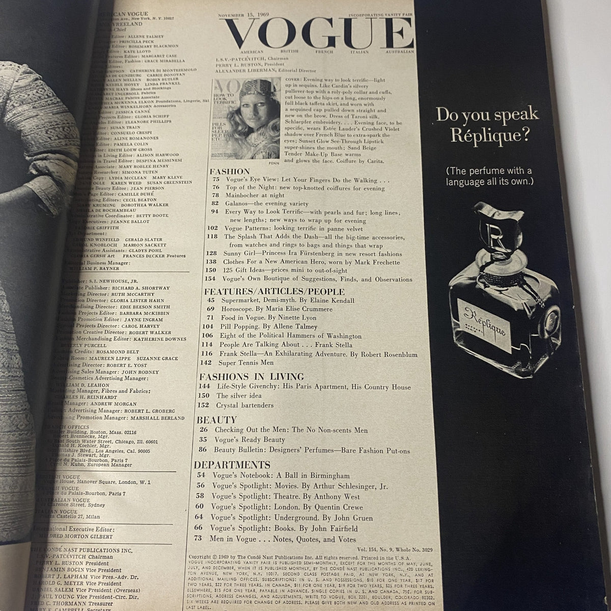 Table of contents from Vogue Magazine November 15, 1969 featuring Françoise Rubartelli on the cover, highlighting fashion articles and features.