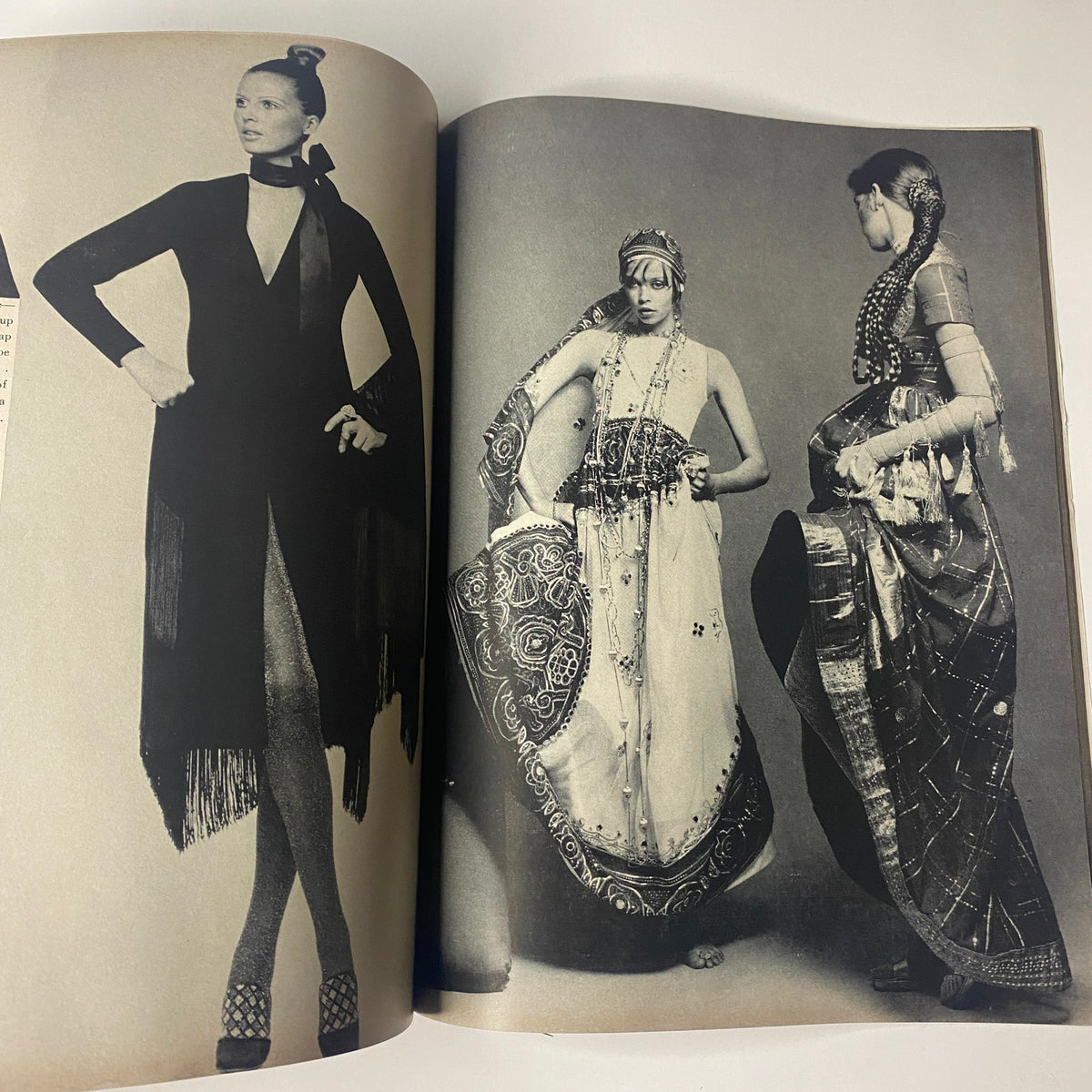 Editorial spread in Vogue Magazine November 15, 1969 presenting a fashion statement with models in traditional attire and modern styling.