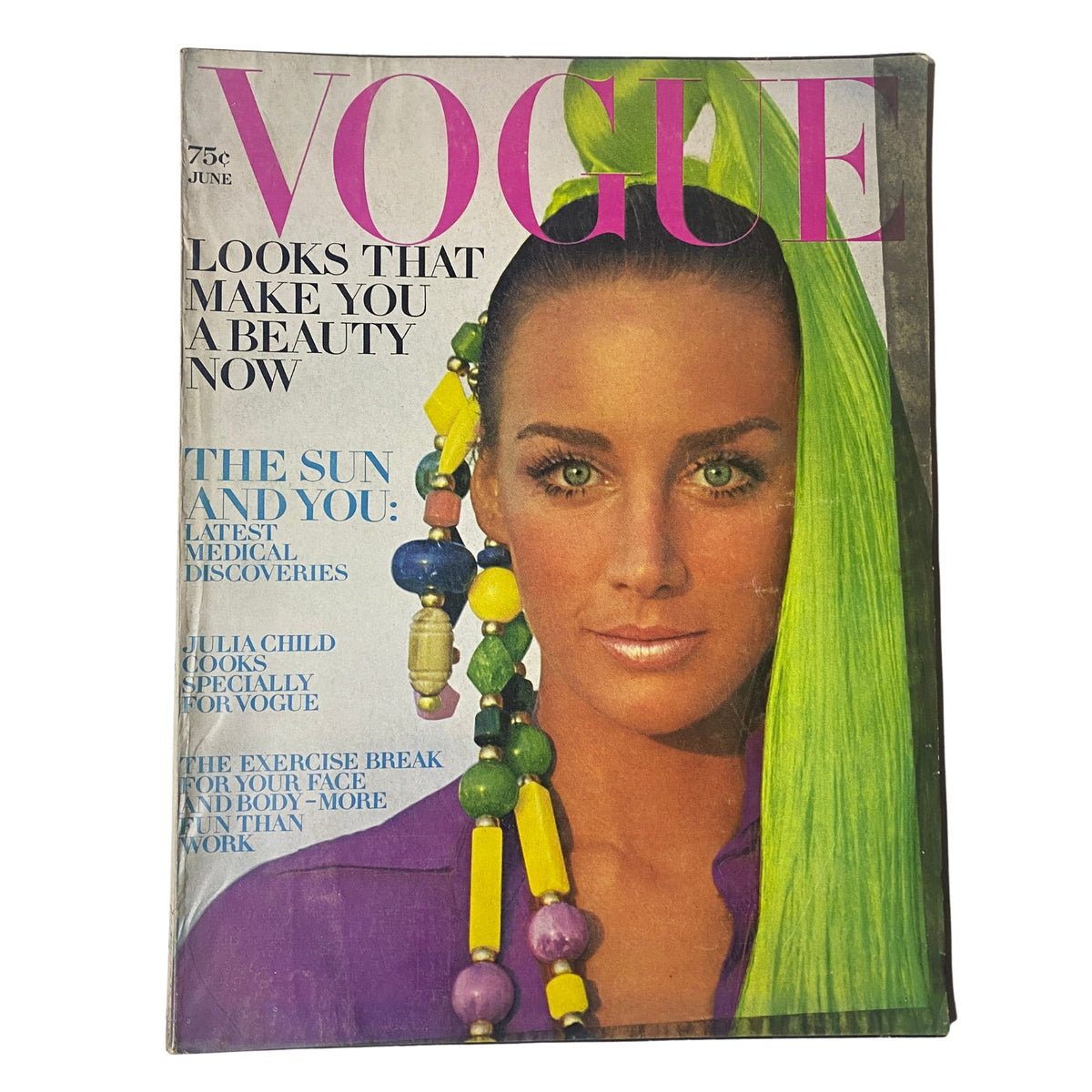 Cover of Vogue Magazine June 1969 featuring Windsor Elliott, photographed by Arnaud de Rosnay. The cover highlights vibrant fashion with colorful accessories, showcasing beauty trends of the late 1960s.