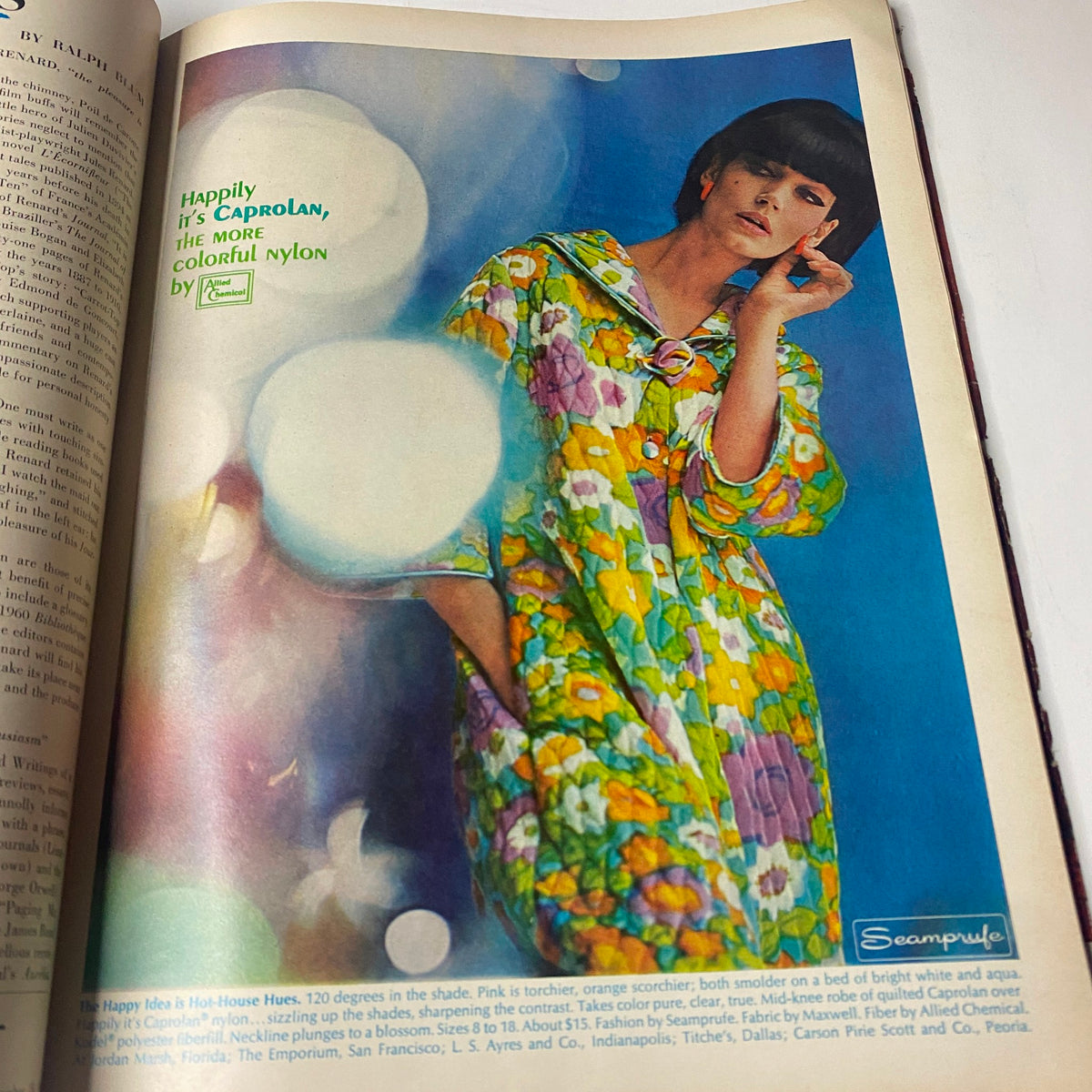 Vintage advertisement from Vogue Magazine November 15, 1964 featuring a model in a colorful floral nylon outfit, highlighting the fashion trends of the mid-1960s.