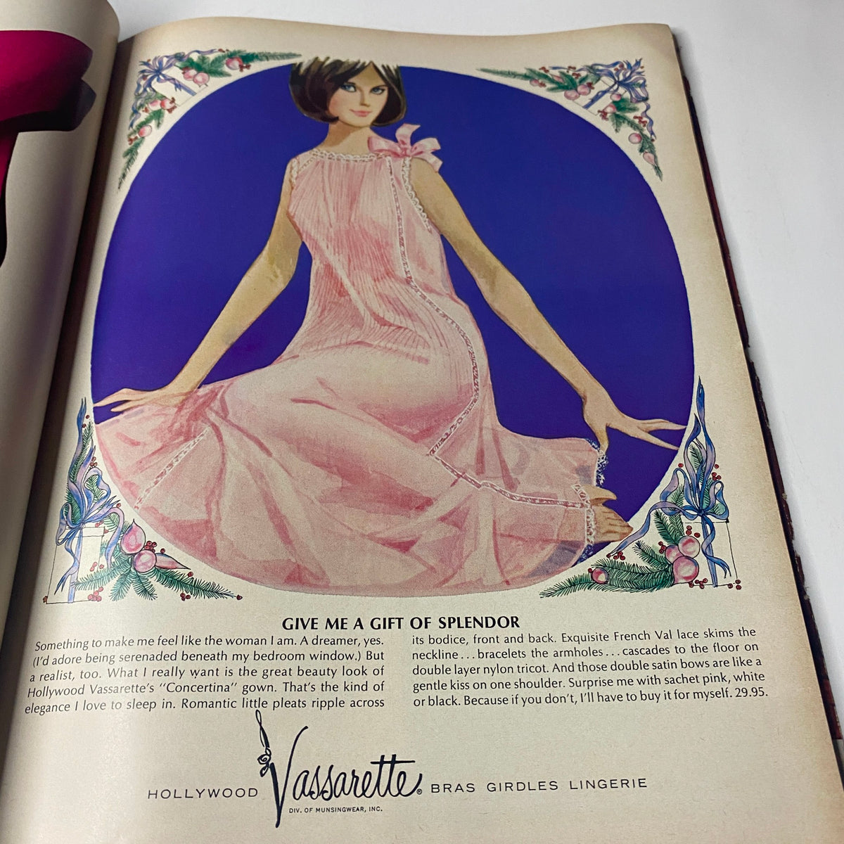Illustration of a woman in an elegant pink dress, from the advertisement for Vassarette lingerie in Vogue Magazine November 15, 1964, showcasing the beauty and style of the era.