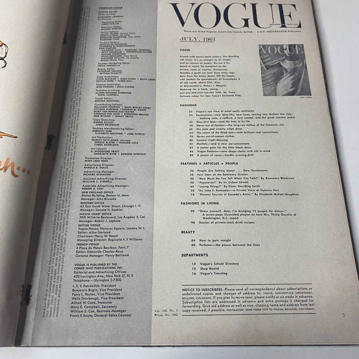 Interior page of Vogue Magazine July 1961, including the table of contents, offering insights into fashion features, articles, and cultural content of the time.