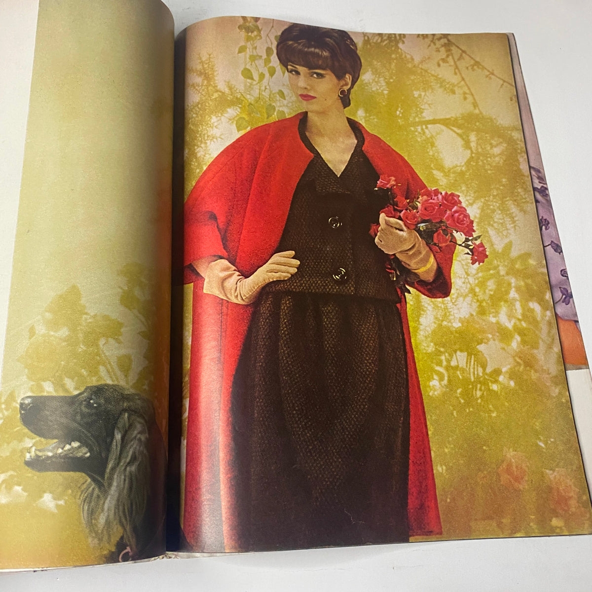 Colorful interior spread from Vogue Magazine July 1961 featuring Deborah Dixon cover by Bert Stern, presenting a model in an elegant red coat holding flowers in a lush garden setting.