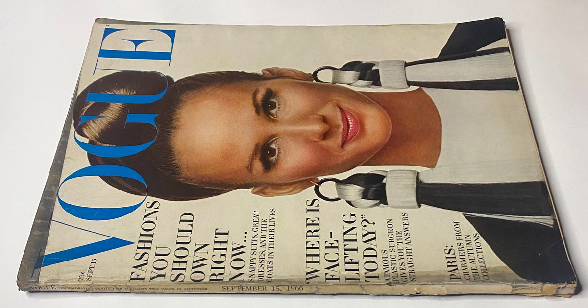 Close-up view of the Vogue Magazine September 15, 1966 cover featuring Brigitte Bauer, highlighting the elegant hairstyle and fashion details captured by Richard Avedon.