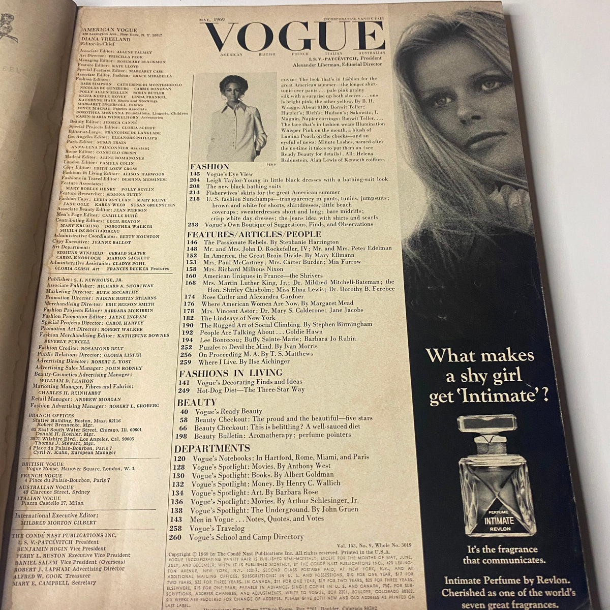 Interior page of Vogue Magazine May 1969 showcasing the table of contents alongside an iconic black and white photo of a model. This page reflects the magazine's vintage style and fashion articles.