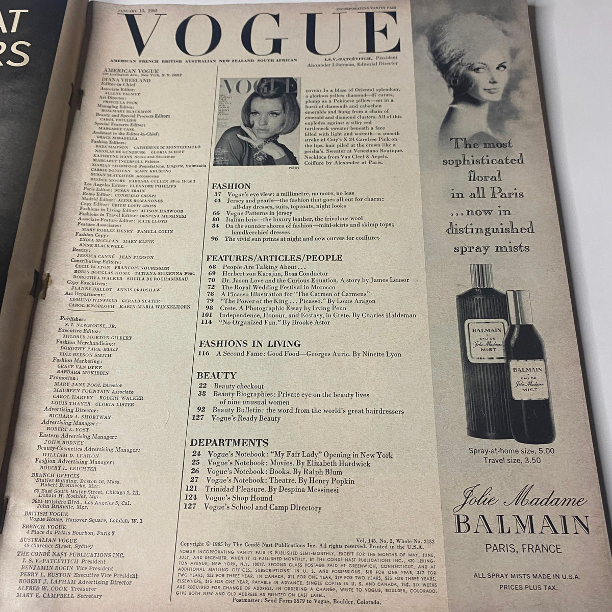 Table of contents from the January 15, 1965 Vogue Magazine, listing various articles and sections related to fashion, beauty, and culture.