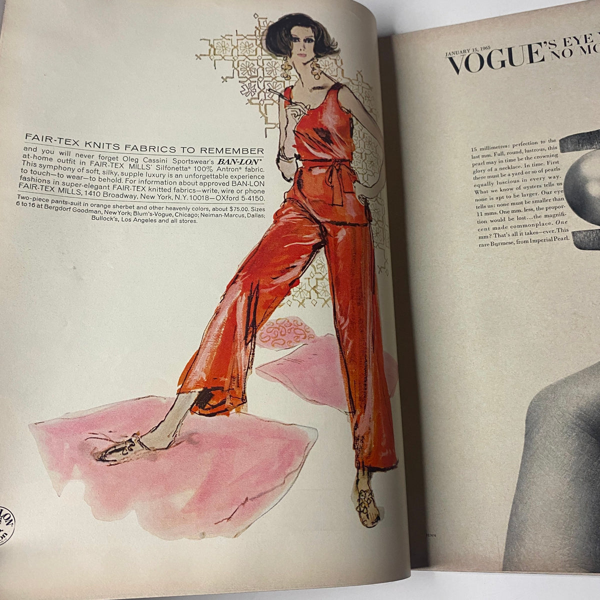 Another interior page from the January 15, 1965 Vogue Magazine, featuring an illustrated fashion advertisement for Fair-Tex knits and fabrics in a vibrant design.