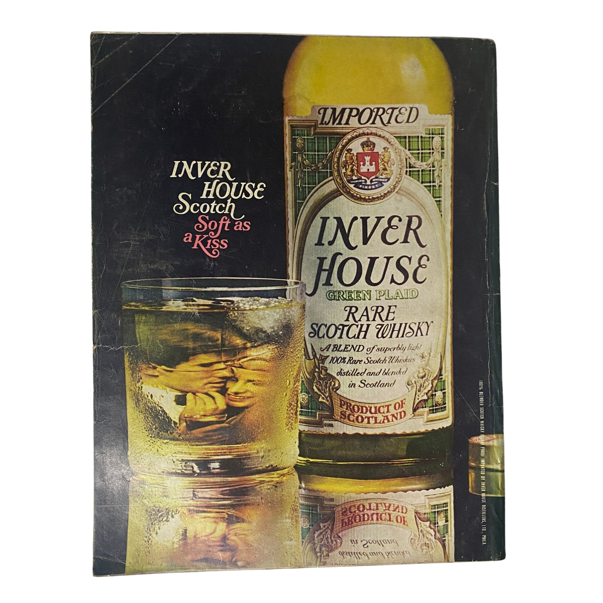 Cover of the Inver House Scotch advertisement featured in Vogue Magazine July 1969, promoting Inver House Whisky with an image of a whisky bottle and glass, reflecting the era's advertising style.
