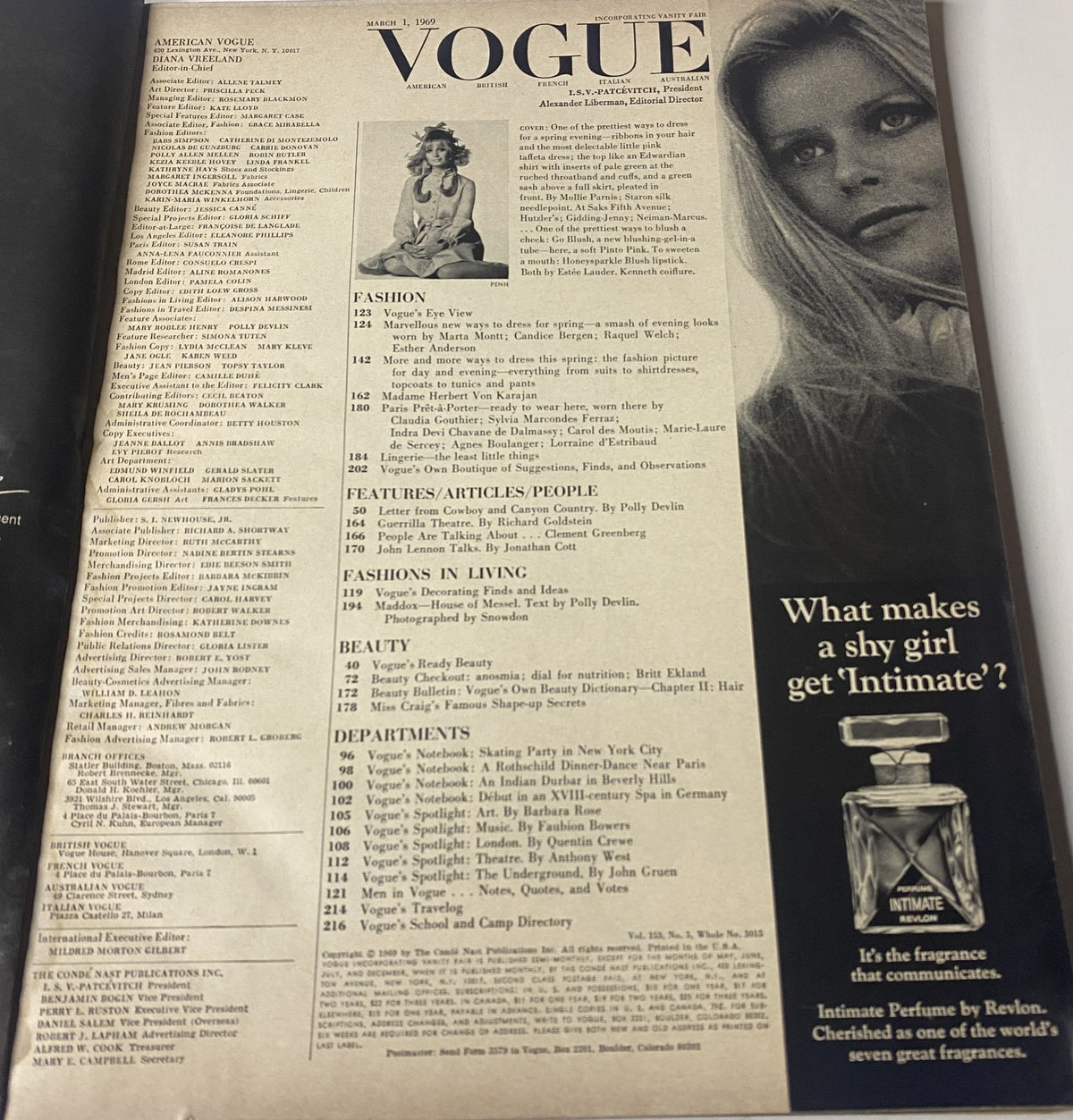 Table of contents from Vogue Magazine March 1, 1969, listing features, articles, and names of prominent contributors in the issue.