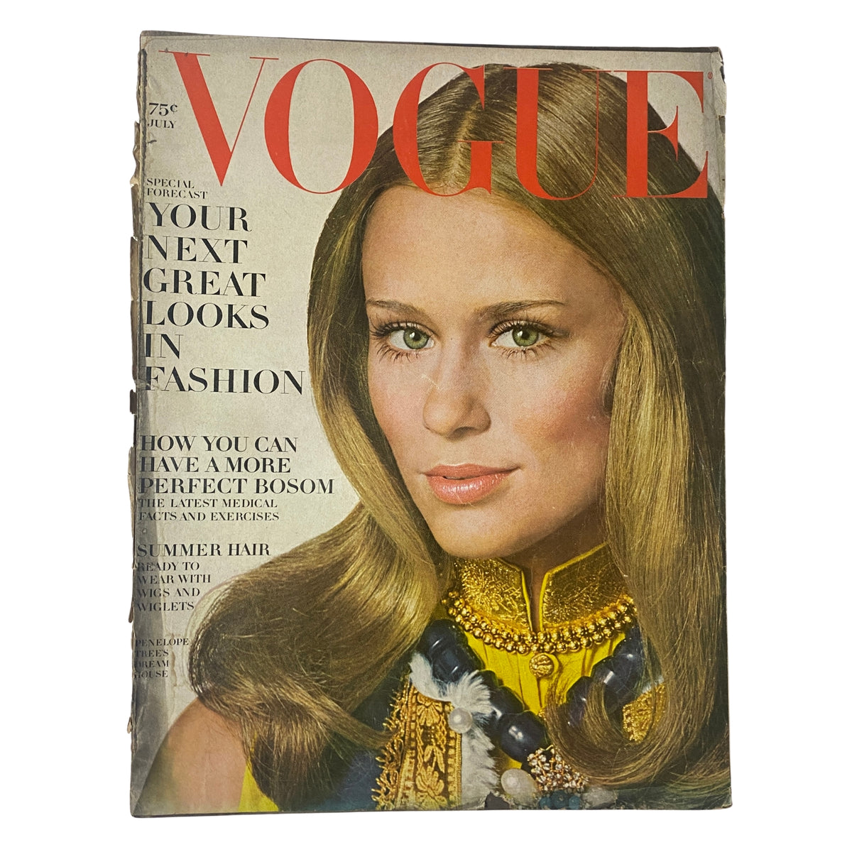 Vogue Magazine July 1968 cover featuring stylish model Lauren Hutton, photographed by Irving Penn, showcasing a vintage look with luxurious accessories.