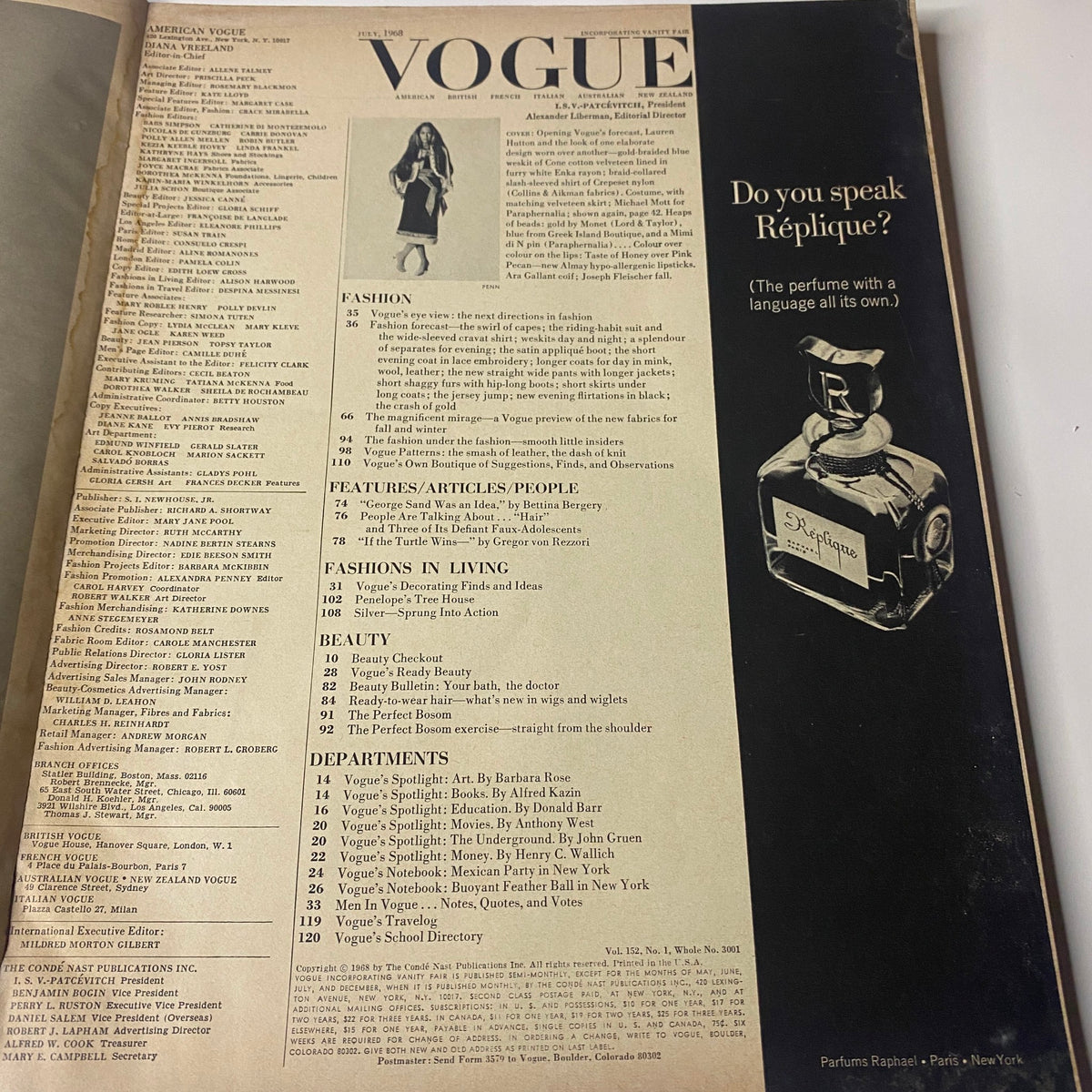 Vogue Magazine July 1968 Table of Contents featuring fashion articles and features, highlighting key contributors and sections.
