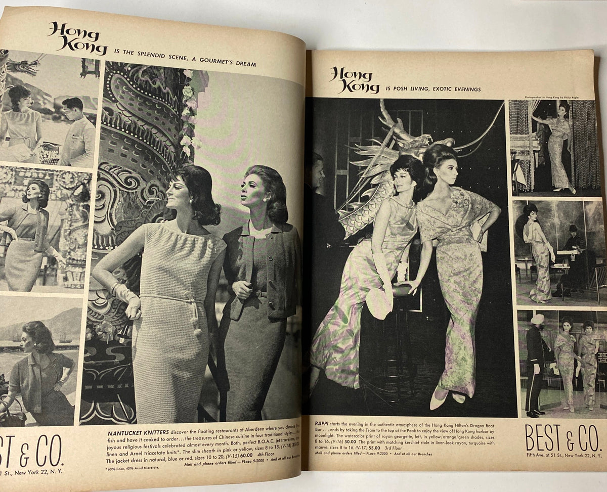 Fashion spread from Vogue Magazine April 1, 1964, titled 'Hong Kong' showcasing luxurious attire and exotic styles, capturing the essence of mid-century fashion.